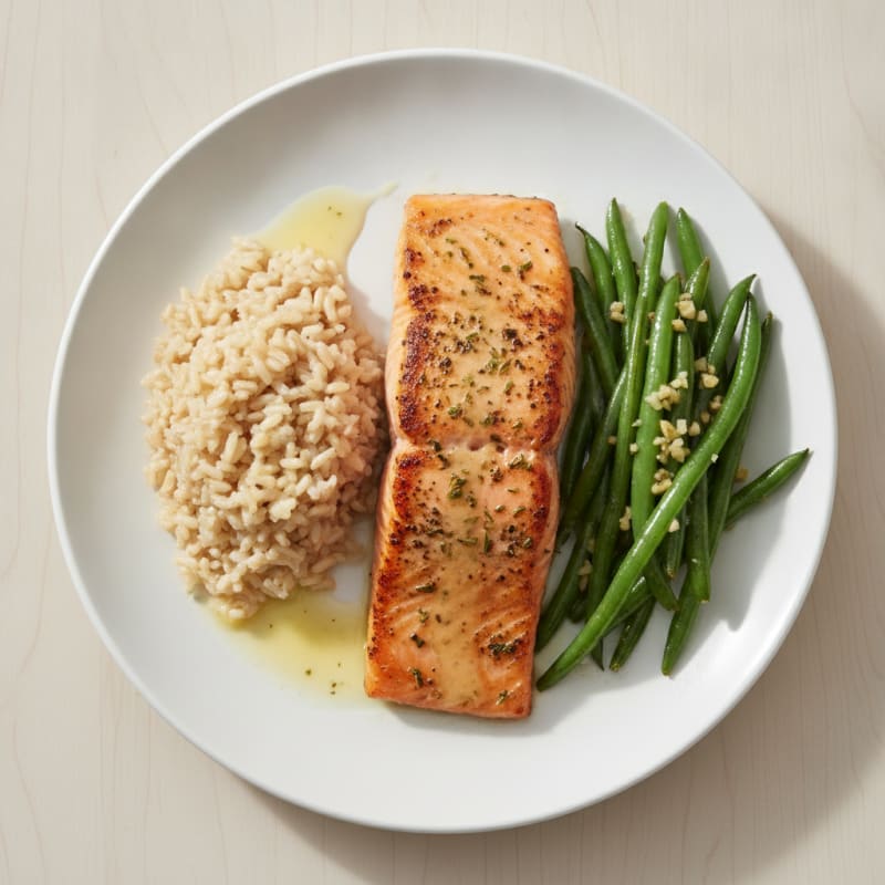 Seared Salmon Fillet with Garlic Green Beans and Brown Rice