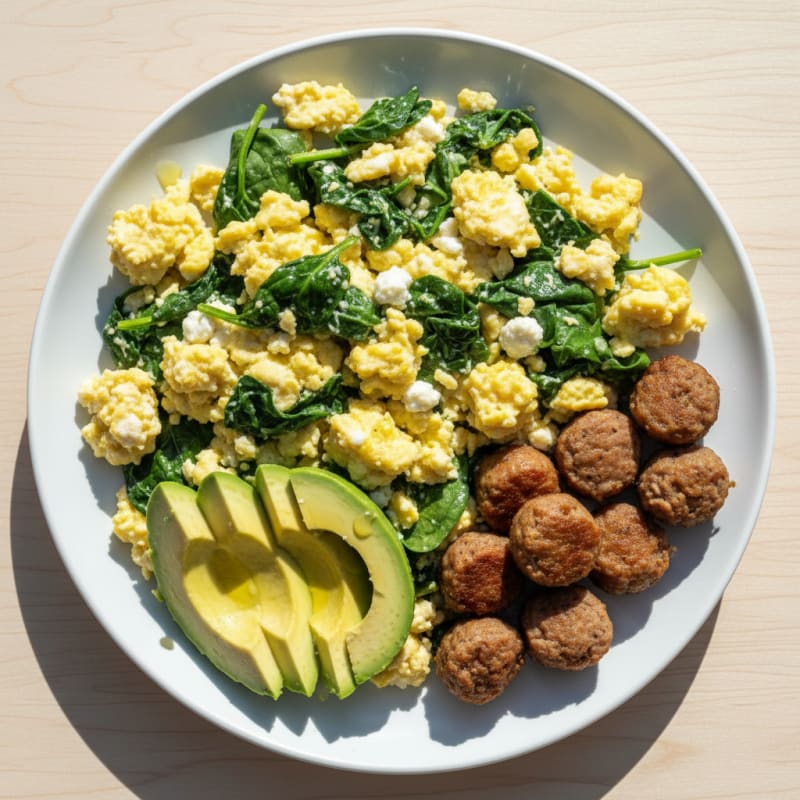 Cottage Cheese Scramble with Spinach and Turkey Sausage