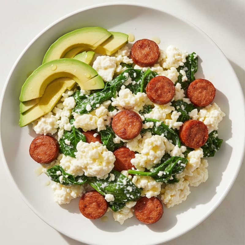 Cottage Cheese Scramble with Spinach and Turkey Sausage