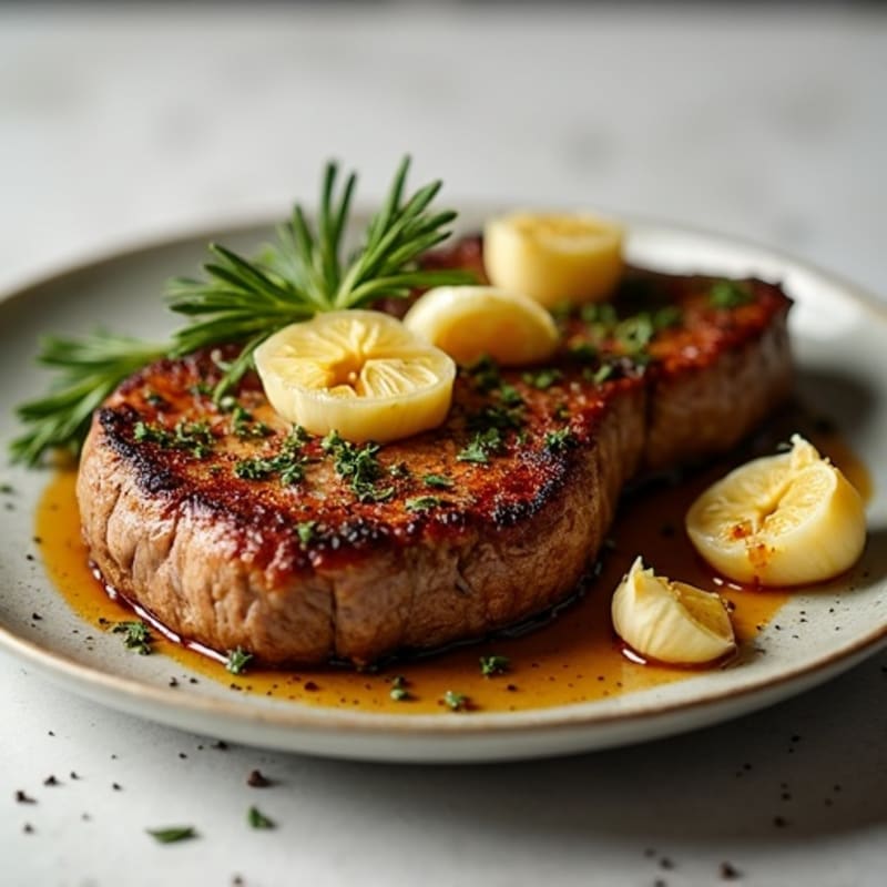 Herb-Crusted Pan-Seared Sirloin with Roasted Garlic