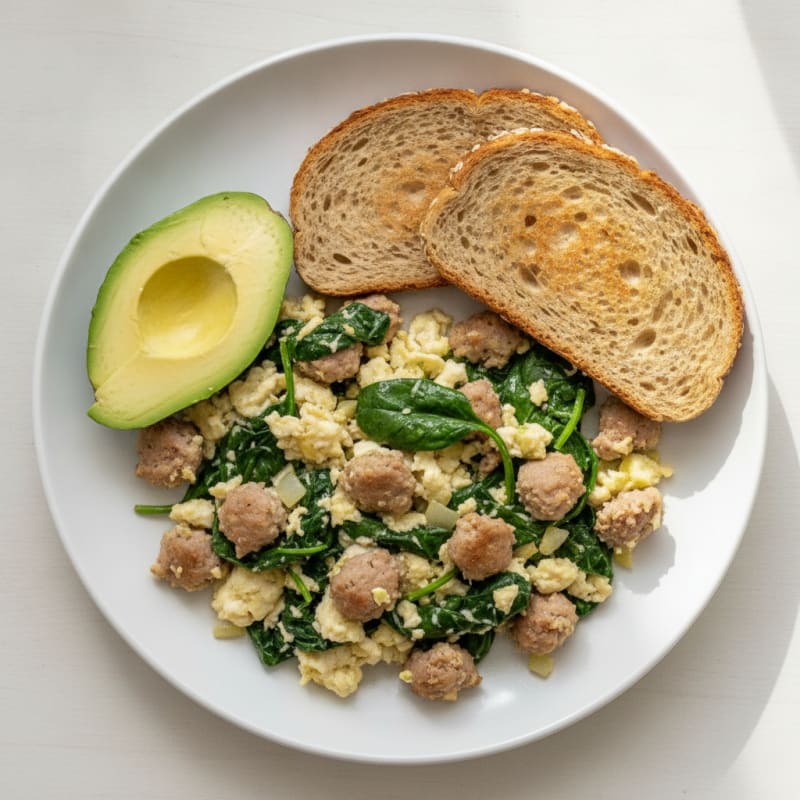 Egg White and Turkey Sausage Scramble with Sautéed Spinach