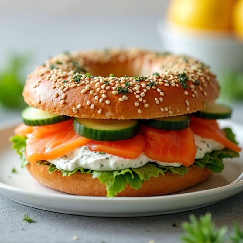 Smoked Salmon Whole-Grain Bagel with Creamy Dill Spread and Fresh Cucumber