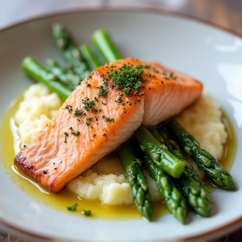 Seared Salmon with Steamed Asparagus and Garlic Cauliflower Mash