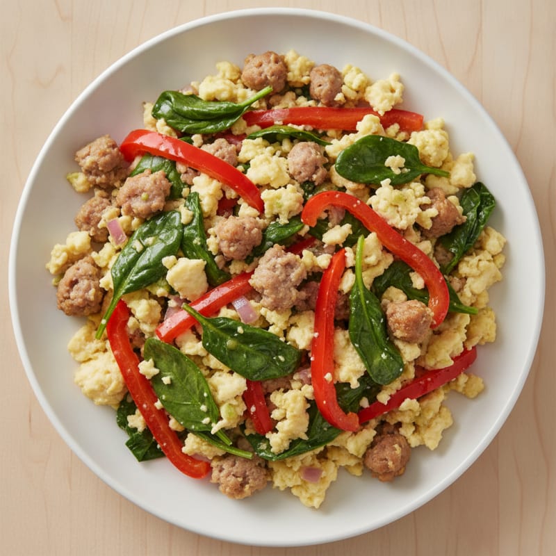 Egg White and Turkey Sausage Scramble with Spinach and Bell Peppers