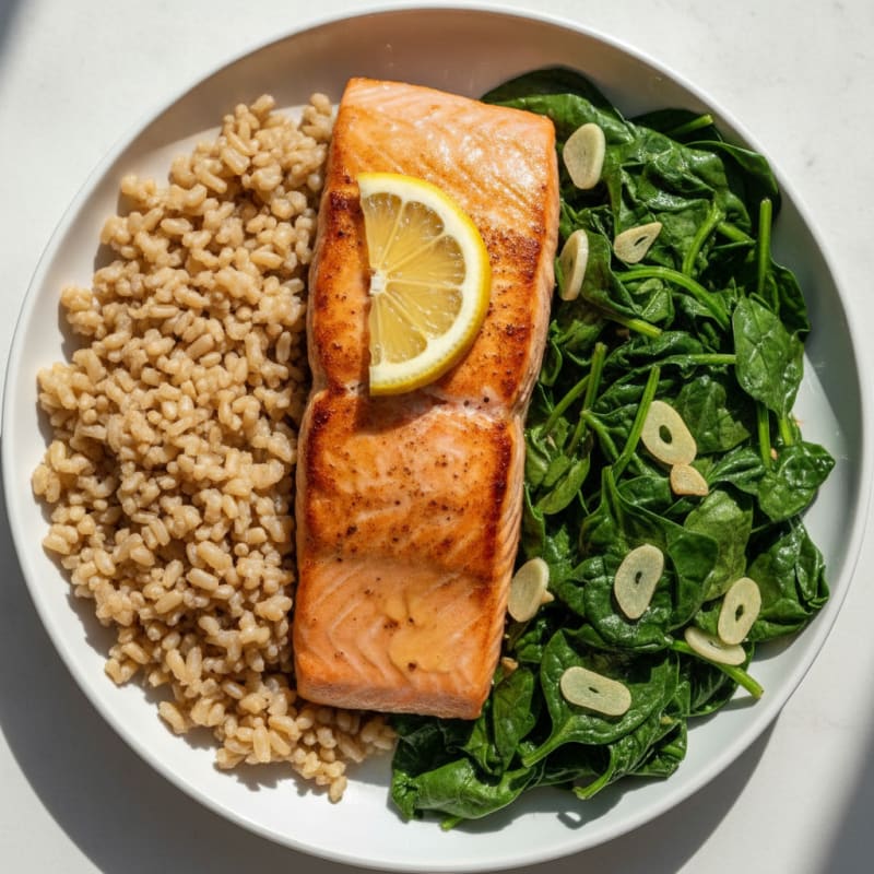 Seared Salmon with Garlic Sautéed Spinach and Brown Rice