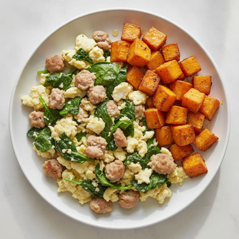 Egg White and Turkey Sausage Scramble with Spinach and Roasted Sweet Potato