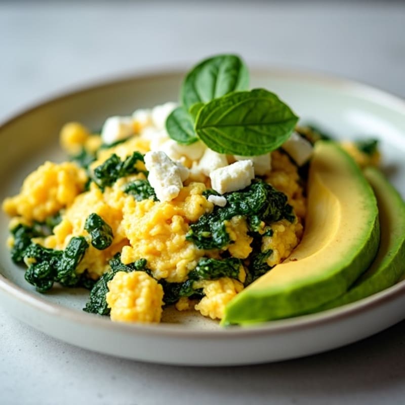 Fluffy Spinach and Feta Egg Scramble with Sliced Avocado