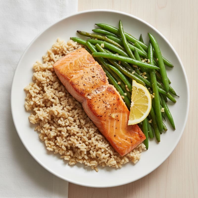 Seared Salmon Filet with Garlic Green Beans and Brown Rice