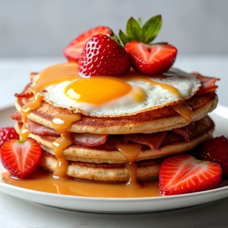 Egg and Canadian Bacon Pancake Stack with Fresh Fruit