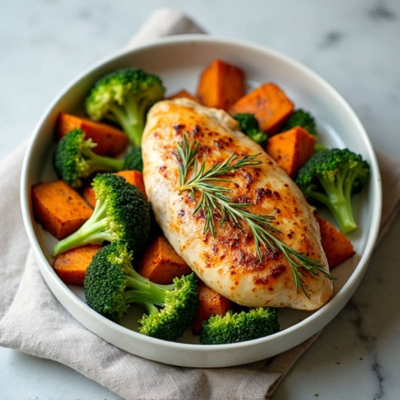 Lemon-Herb Roasted Chicken with Crispy Roasted Broccoli and Sweet Potatoes