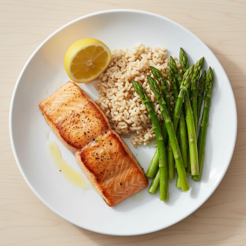 Seared Salmon Fillet with Steamed Asparagus and Brown Rice