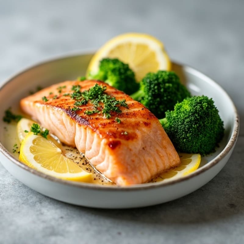 Seared Salmon with Steamed Broccoli and Lemon