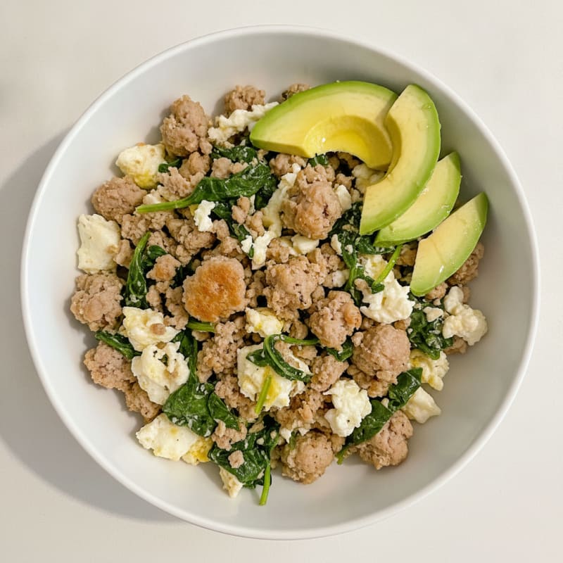 Scrambled Egg Whites with Turkey Sausage and Sautéed Spinach