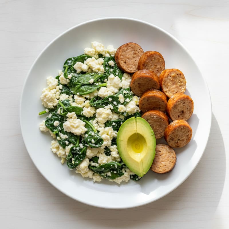 Cottage Cheese Egg White Scramble with Spinach and Chicken Sausage