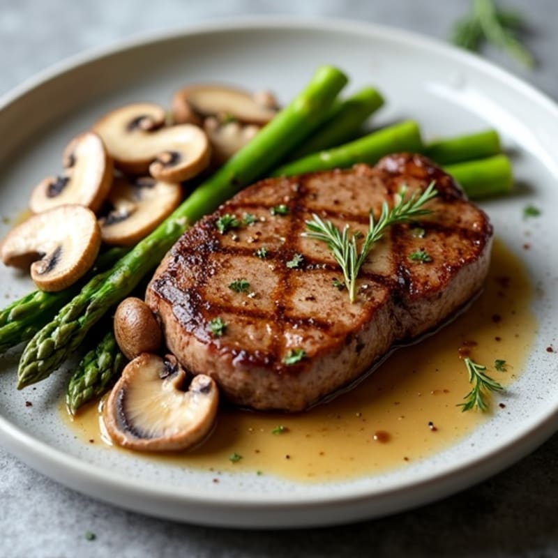 Pan-Seared Steak with Roasted Garlic Butter Mushrooms and Asparagus