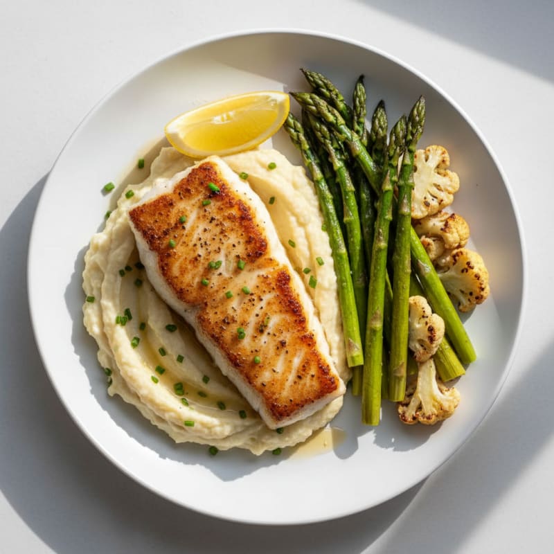 Seared Cod with Roasted Asparagus and Cauliflower Mash
