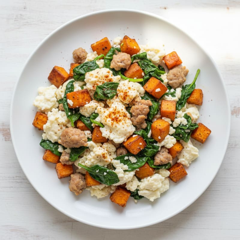 Egg White and Turkey Sausage Scramble with Spinach and Roasted Sweet Potatoes