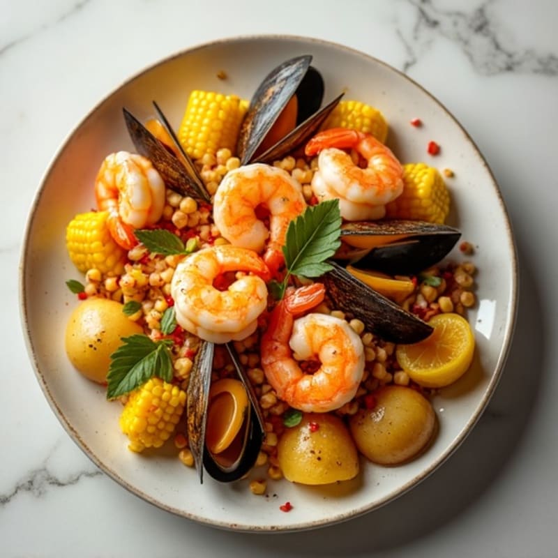Spicy Lemon Garlic Steamed Shrimp and Mussels with Corn and Potatoes