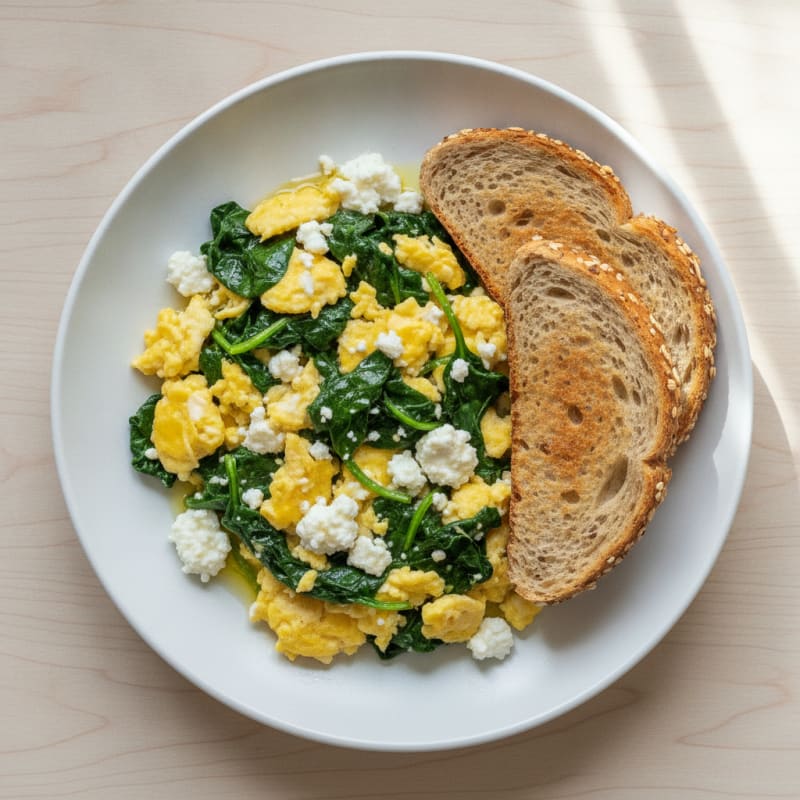 Scrambled Eggs with Cottage Cheese and Sautéed Spinach