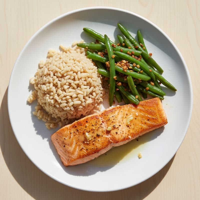 Seared Salmon with Garlic Green Beans and Brown Rice