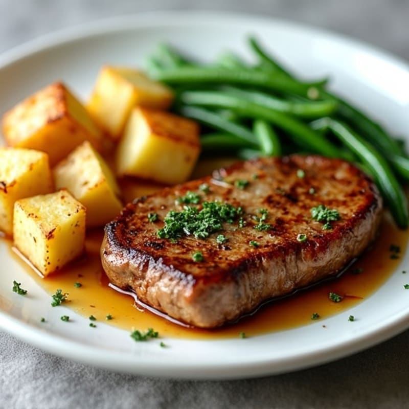 Pan-Seared Garlic Butter Steak with Crispy Roasted Potatoes and Green Beans