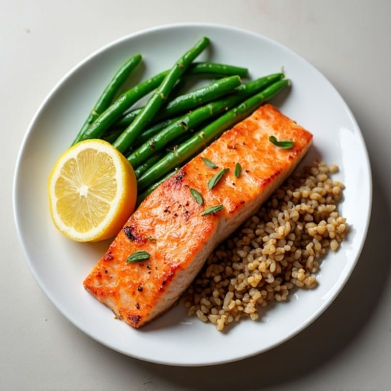 Seared Salmon with Steamed Green Beans and Brown Rice