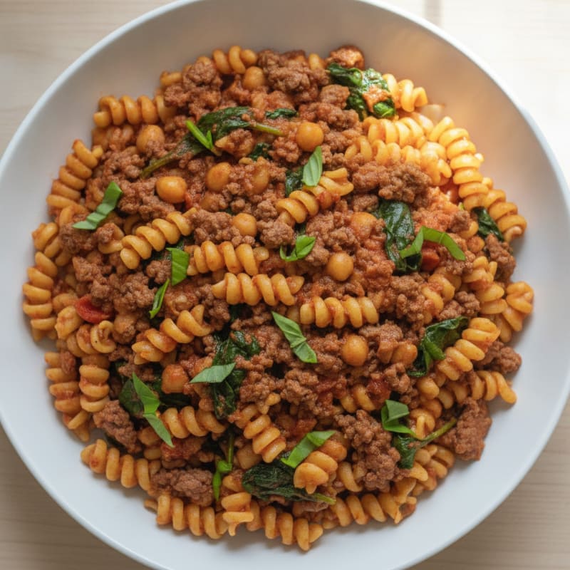 Lean Beef and Chickpea Pasta with Tomato Basil Sauce