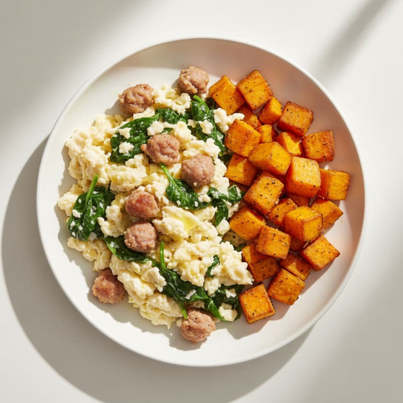 Egg White and Turkey Sausage Scramble with Spinach and Roasted Sweet Potato