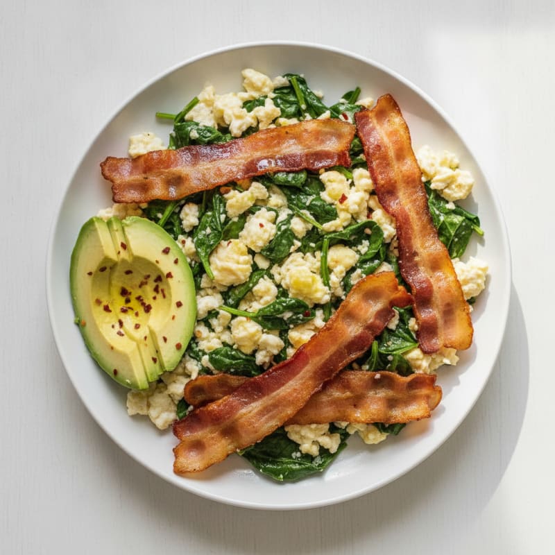 Crispy Turkey Bacon and Egg White Scramble with Spinach