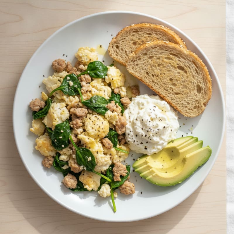 Egg White and Turkey Spinach Scramble with Cottage Cheese