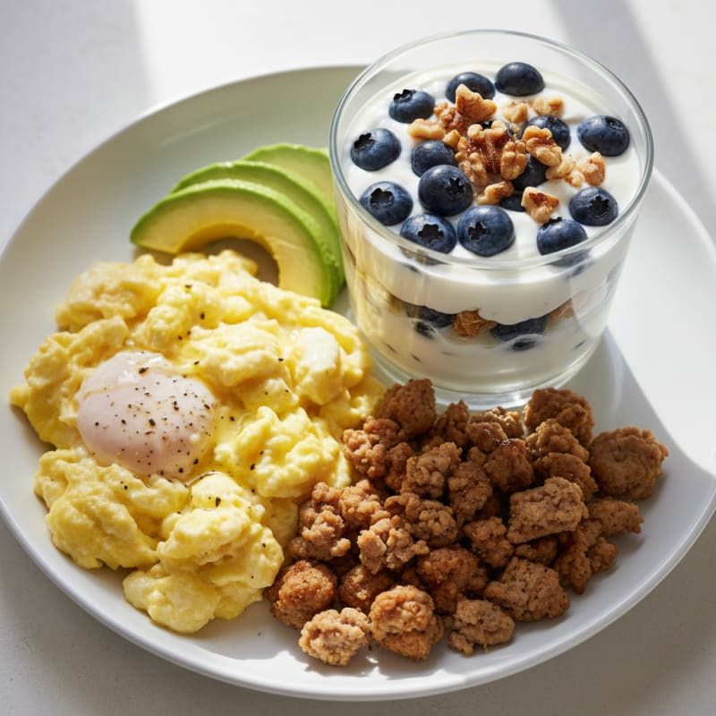 Creamy Scrambled Eggs with Turkey Sausage and Greek Yogurt Parfait