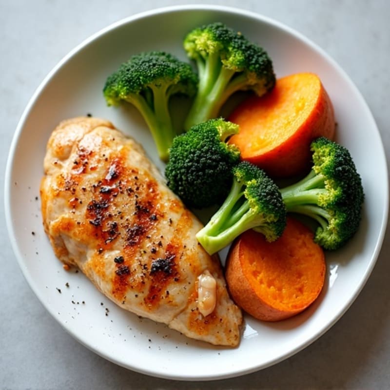 Grilled Chicken Breast with Roasted Broccoli and Sweet Potatoes