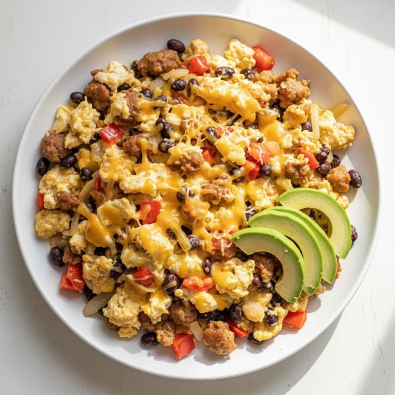 Cheesy Veggie Egg White Scramble with Black Beans