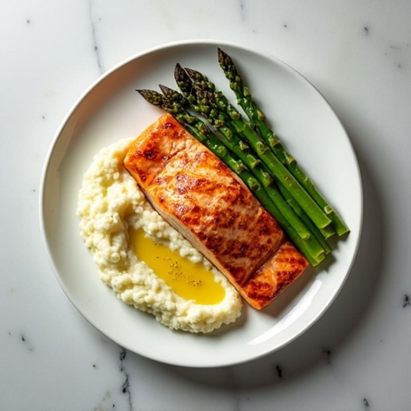 Seared Salmon Filet with Roasted Asparagus and Cauliflower Mash