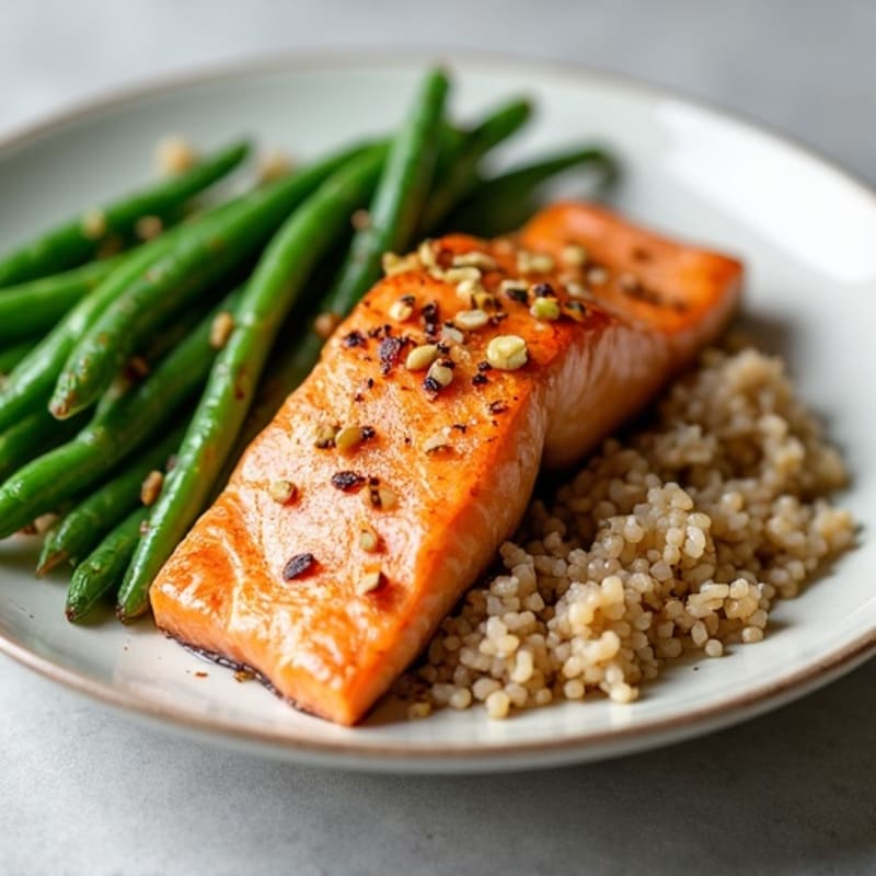 Seared Salmon with Garlic Green Beans and Brown Rice