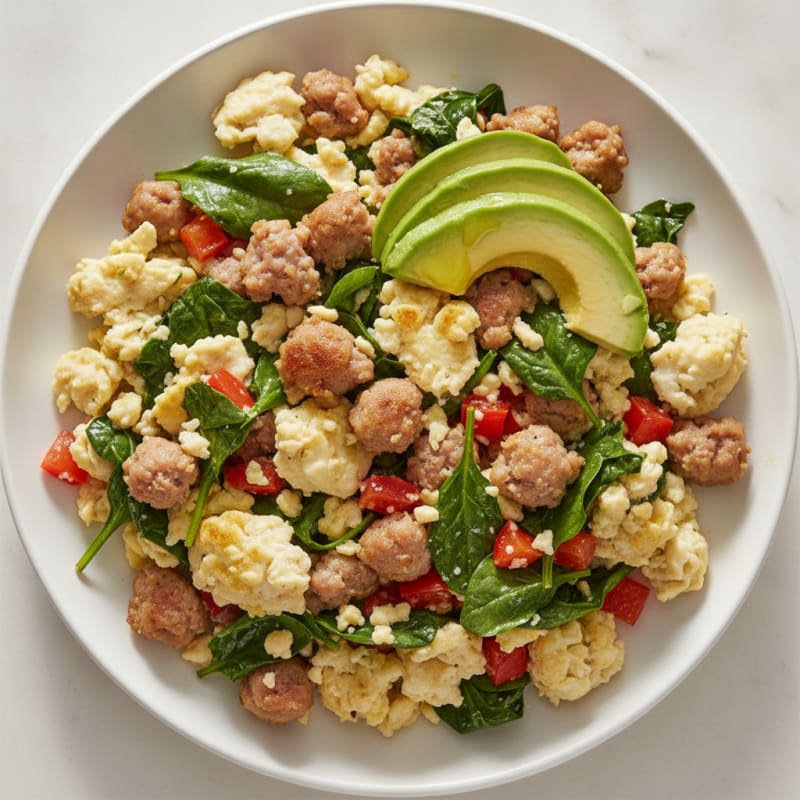 Egg White and Turkey Sausage Scramble with Spinach and Bell Peppers