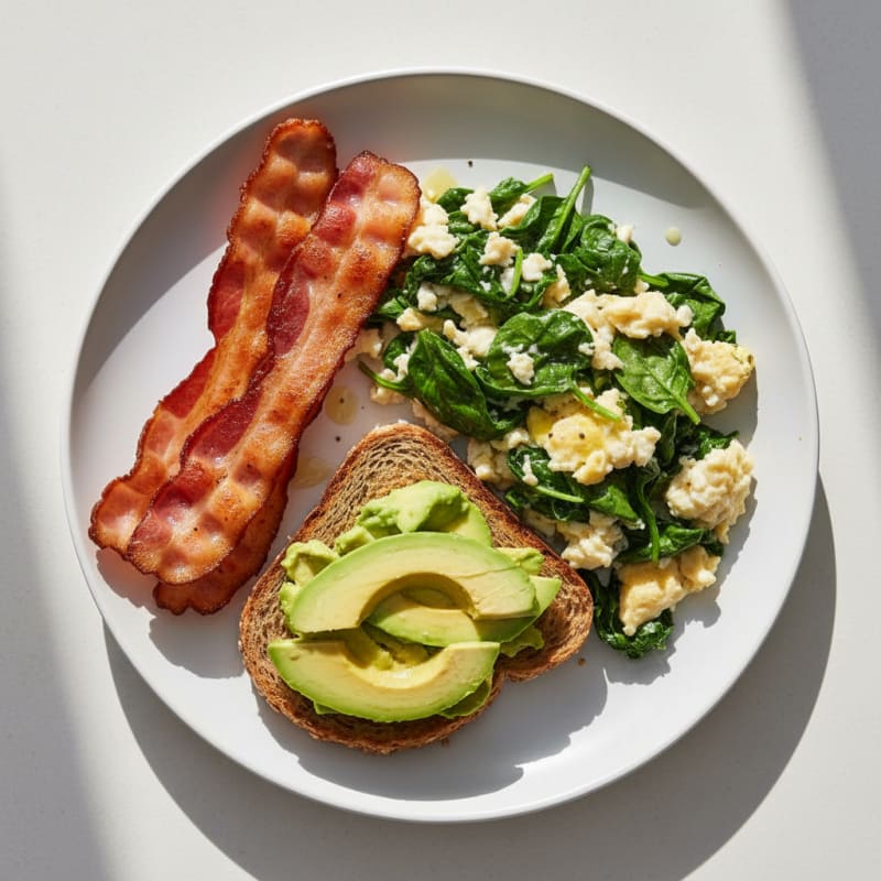 Crispy Turkey Bacon and Egg White Scramble with Sautéed Spinach