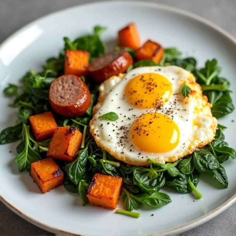 Egg White and Spinach Scramble with Turkey Sausage and Roasted Sweet Potatoes