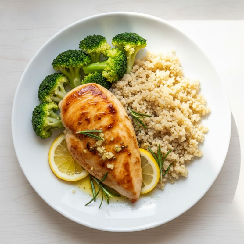 Lemon Herb Chicken Breast with Steamed Broccoli and Quinoa