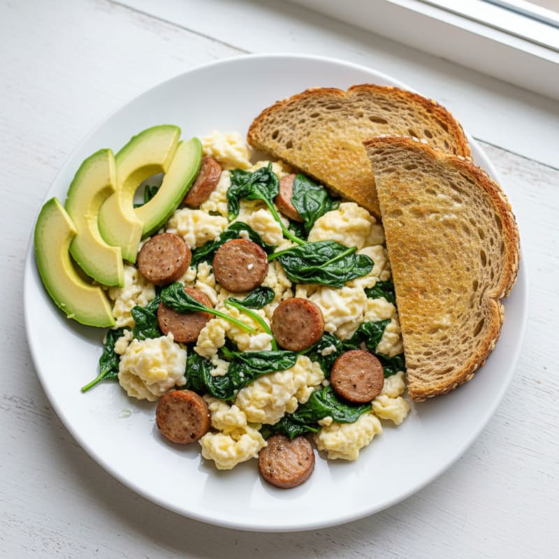Egg White Scramble with Turkey Sausage and Spinach