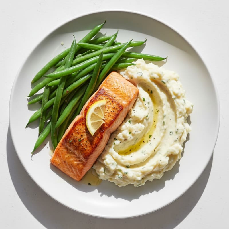 Seared Salmon with Steamed Green Beans and Garlic Mashed Potatoes