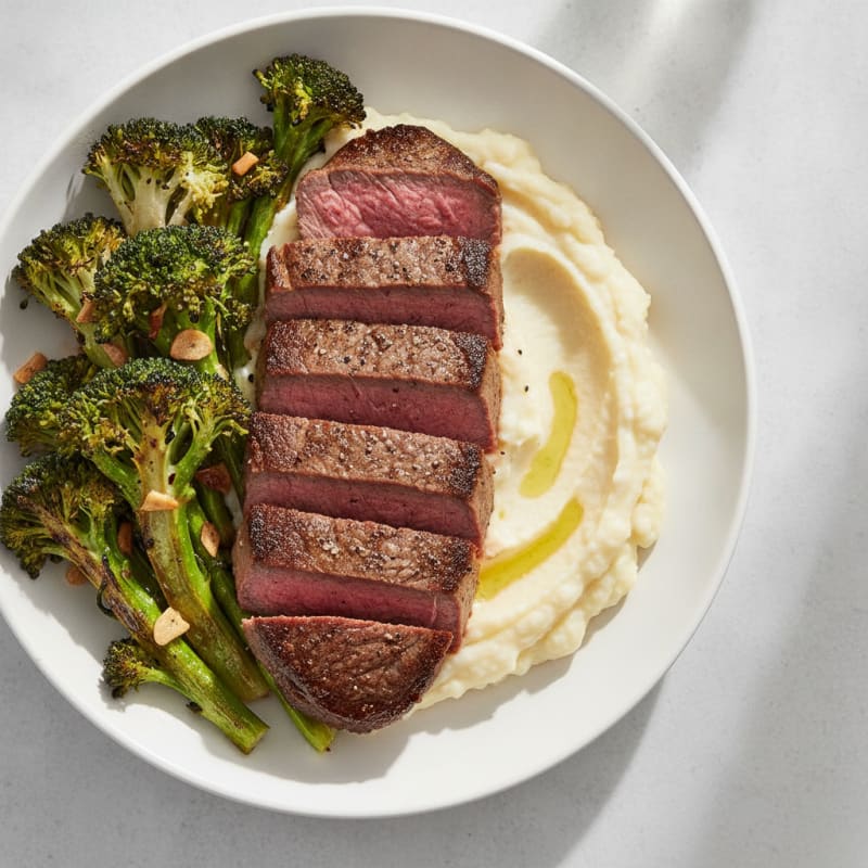 Seared Lean Beef with Roasted Broccoli and Garlic Cauliflower Mash