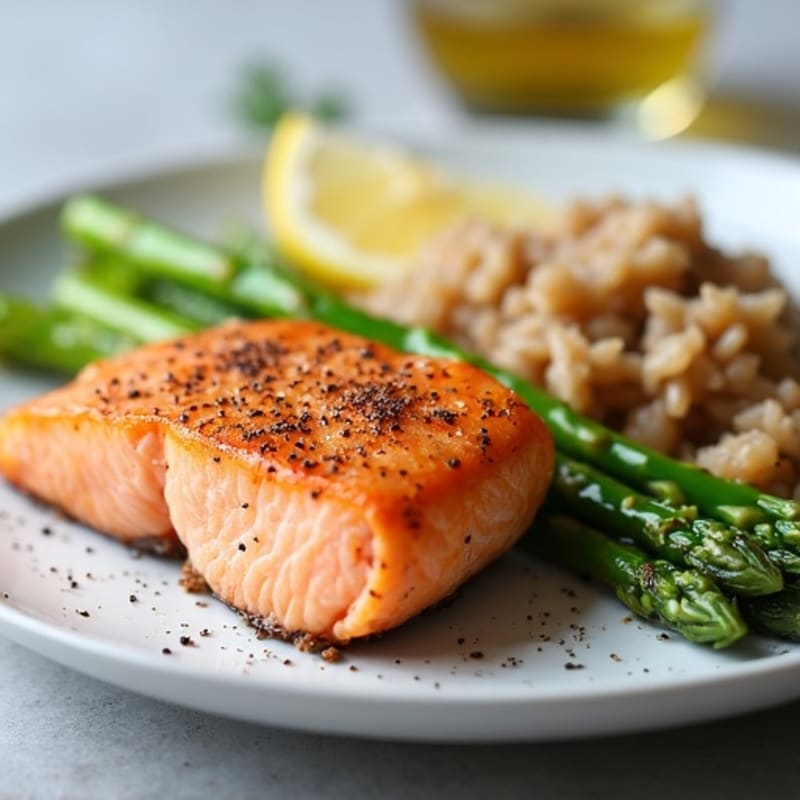 Seared Salmon Fillet with Steamed Asparagus and Brown Rice