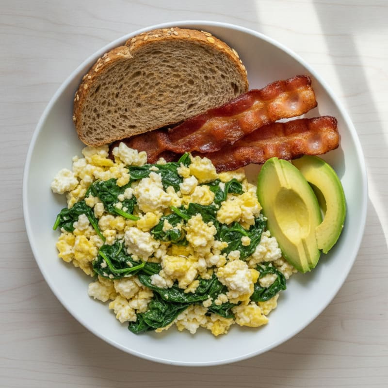 Cottage Cheese Scramble with Spinach and Turkey Bacon