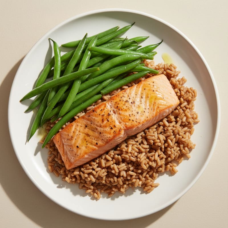 Seared Salmon Fillet with Steamed Green Beans and Brown Rice