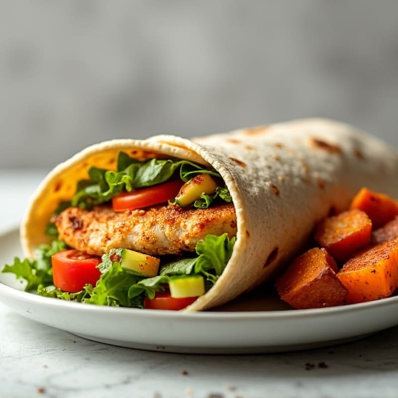 Crispy Chicken and Fresh Veggie Wrap with Roasted Sweet Potatoes
