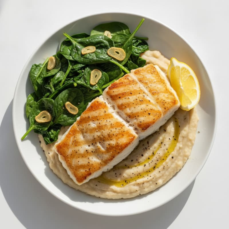 Crispy Seared Cod with Garlic Spinach and White Bean Mash