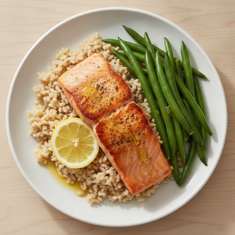 Seared Salmon with Steamed Green Beans and Brown Rice