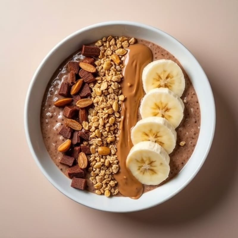 Creamy Chocolate Peanut Butter Protein Oats with Sliced Banana