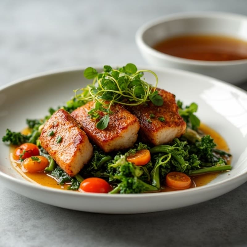 Crispy Garlic-Ginger Braised Pork with Asian Greens